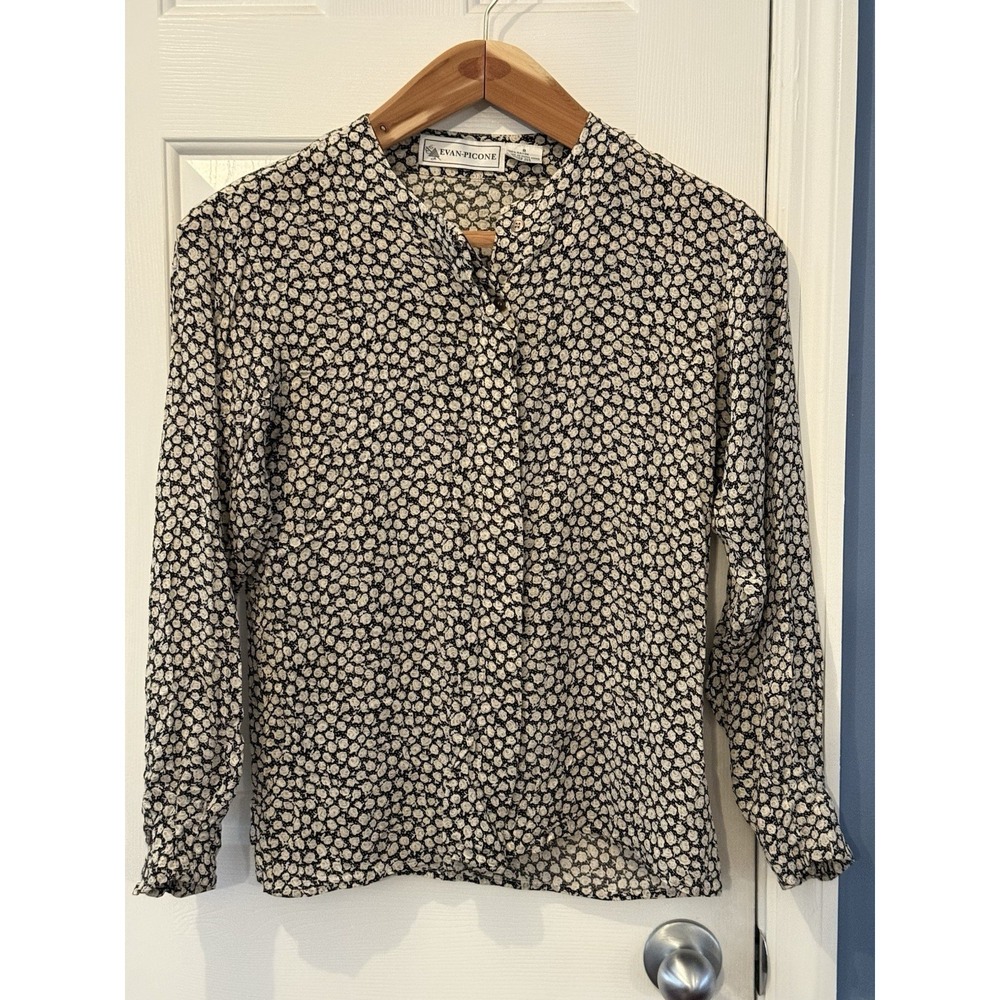 Evan-Picone Women's Black White Floral Rayon Button Long Sleeve Blouse Size 8